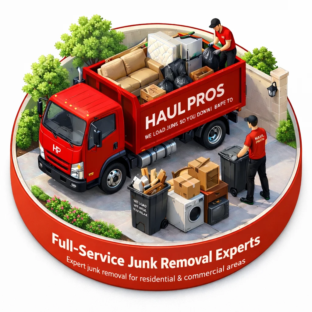 HAUL PROS team performing junk removal service with large trash bin in Orange County