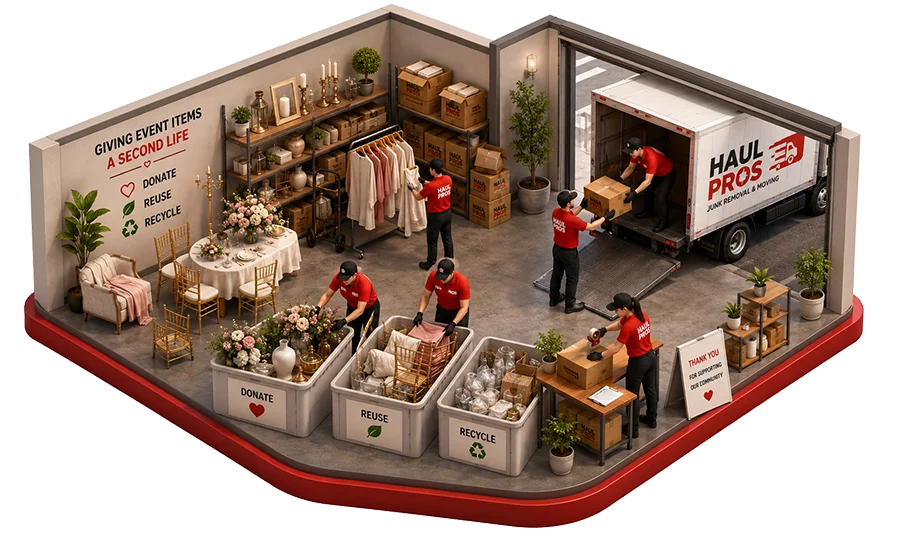 HAUL PROS team sorting reusable wedding and event items for donation, reuse, and recycling.